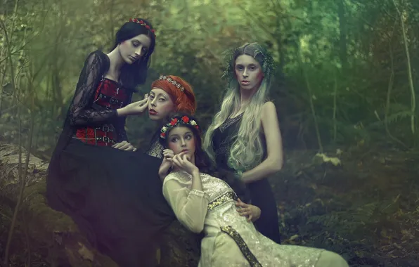 Picture fantasy, art, Agnieszka Lorek, four girls, Forest dream