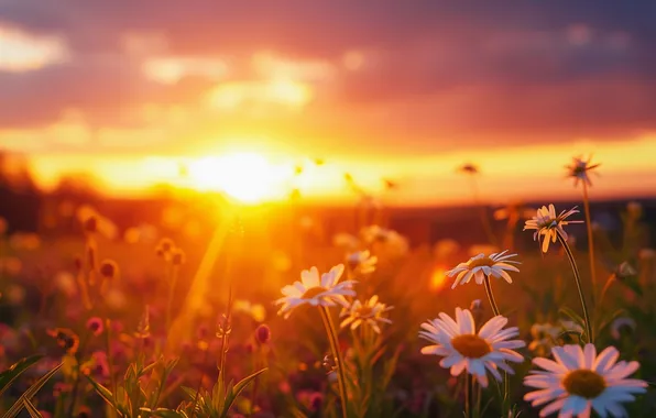 Field, summer, the sky, the sun, clouds, rays, light, flowers