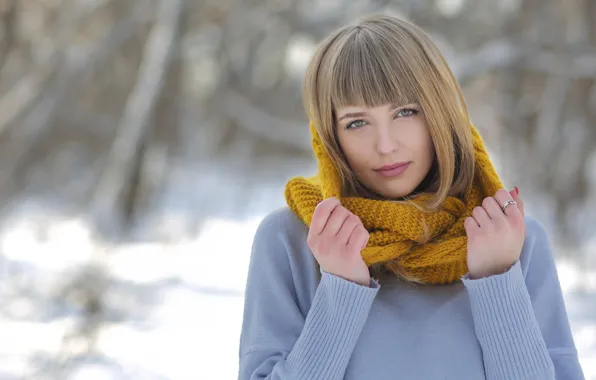 Picture winter, look, snow, trees, background, model, portrait, hands