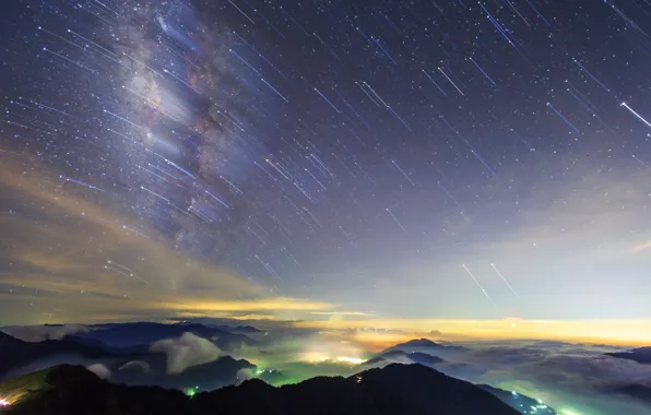 The sky, stars, clouds, mountains, night, hills, view, shooting