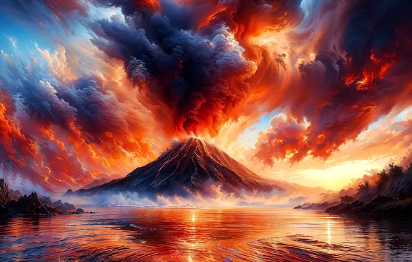 Landscape, mountains, nature, fire, element, smoke, the volcano, couples