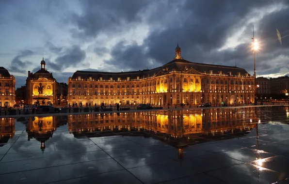 Picture reflection, France, building, night city, France, Bordeaux, Place de la Bourse, Bordeaux