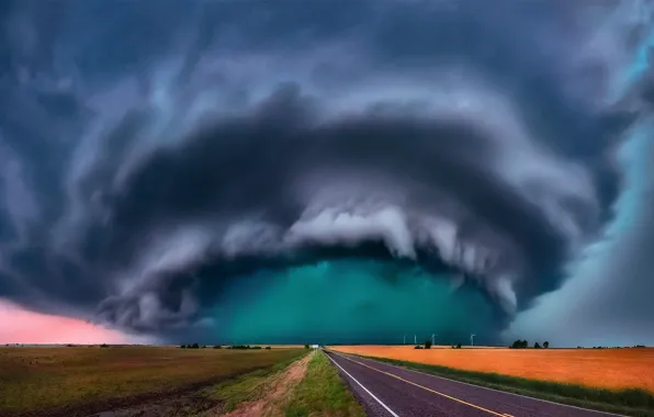 Road, the sky, clouds, storm, field, cyclone
