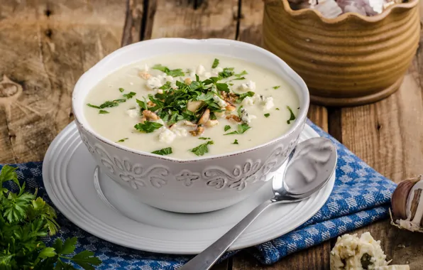 Greens, soup, bowl, cheese