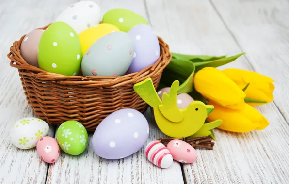 Picture flowers, eggs, bouquet, yellow, colorful, Easter, tulips, happy