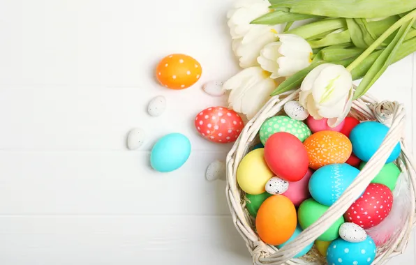 Flowers, eggs, spring, colorful, Easter, tulips, wood, flowers