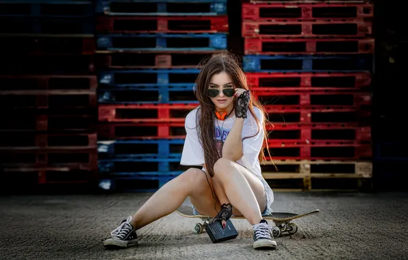 Music, girl, player, urban, skateboard, sitting, toshiba
