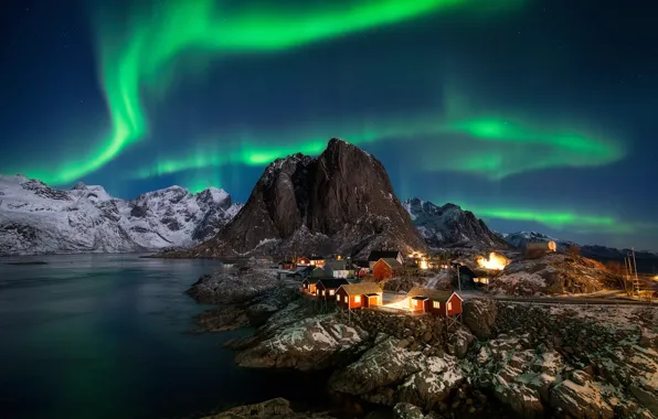 Winter, sea, the sky, stars, light, snow, mountains, rocks