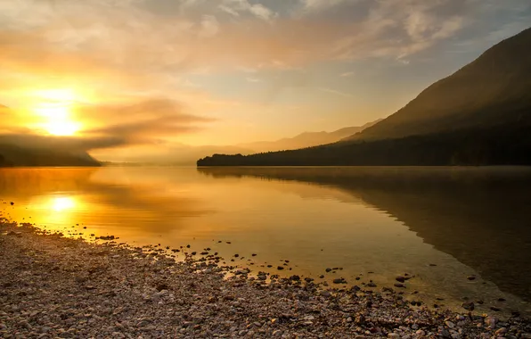 Mountains, nature, lake, dawn, haze, Slovenia, Bohinj