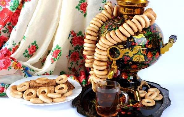 Tea, cookies, bagels, samovar, tray, drying