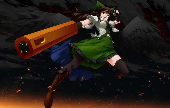 Girl, weapons, jump, wings, stockings, shoes, dress