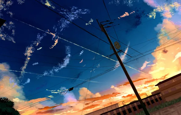 The sky, sunset, home, power lines, by Sketch