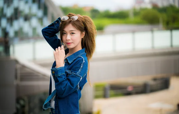 Girl, pose, Asian, cutie, bokeh, dzhinsovka