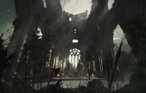 Fire, temple, ruins, warriors, Fortress