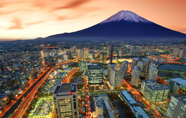Picture the city, mountain, the volcano, Japan, blur, Fuji, skyscrapers, bokeh