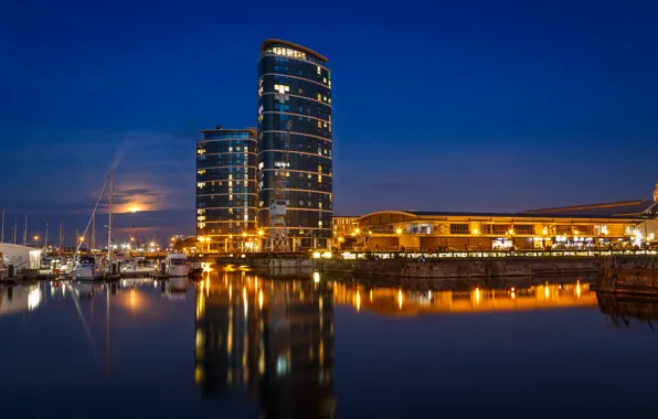 Reflection, night, the city, lights, blue, building, ships, skyscrapers