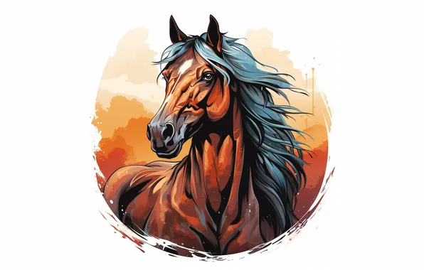 Face, horse, horse, portrait, round, watercolor, white background, painting