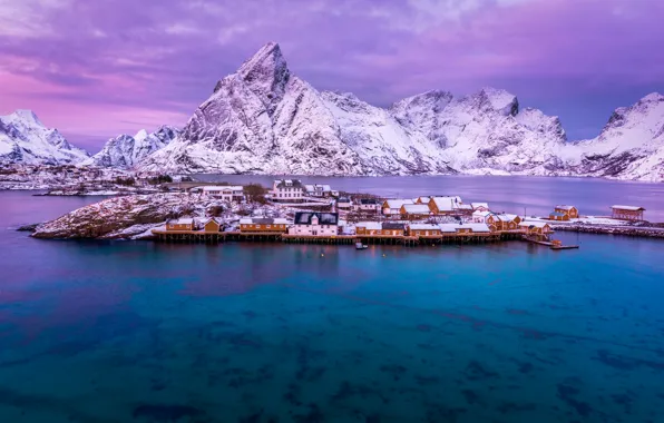 Winter, sea, the sky, clouds, snow, mountains, Norway, Bay