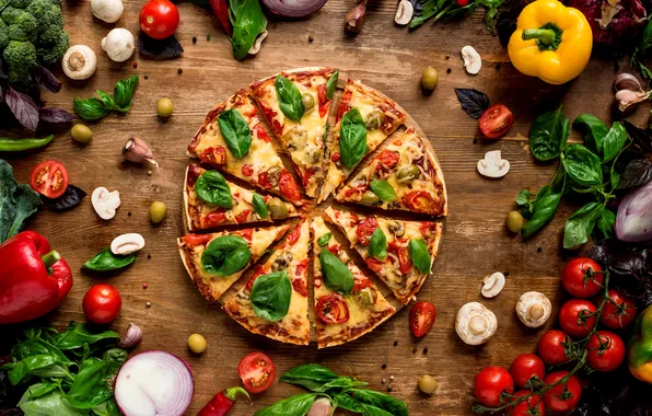 Mushrooms, cheese, bow, pepper, pizza, tomatoes, tomatoes, pizza