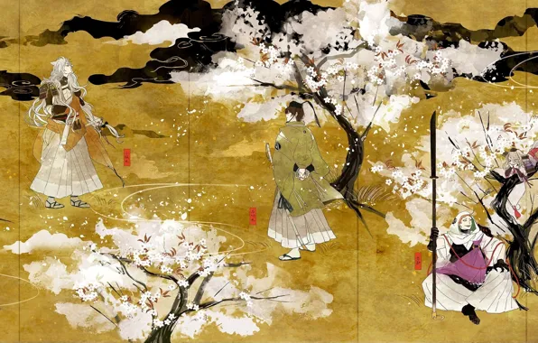 Weapons, Sakura, kimono, guys, flowering, touken ranbu, tsurumaru kuninagas, mikazuki munechika
