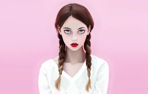 Girl, Minimalism, Look, Lips, Face, Girl, Braids, Eyes