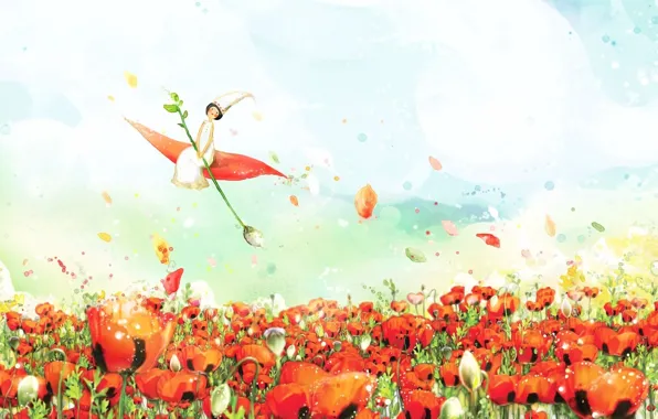 The sky, clouds, fantasy, figure, spring, petals, fairy, watercolor