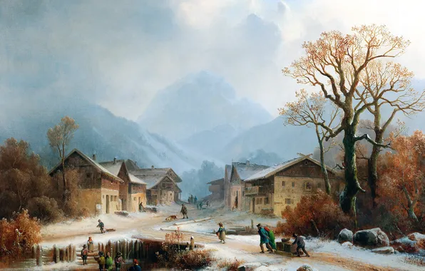 Home, Winter, Snow, People, Picture, German painter, Anton Doll, Anton Doll