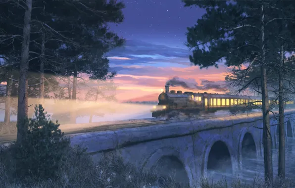 Picture the sky, clouds, trees, sunset, nature, smoke, train, anime