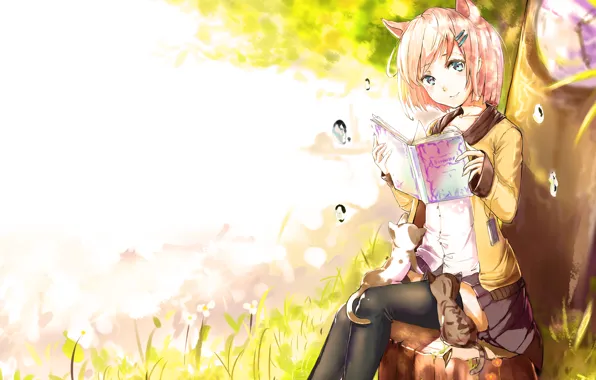 Picture girl, drops, nature, smile, kitty, tree, anime, art