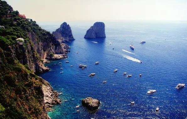 Picture shore, Italy, boats, huge, steamers, breathtaking cliffs, protruding from the depths of the sea, amazing …