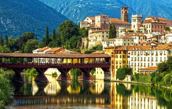 Mountains, bridge, reflection, river, building, Alps, Italy, promenade
