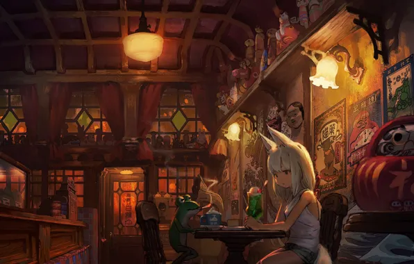 Frog, fantasy, girl, Fox, sitting at the table, by Rias-coast