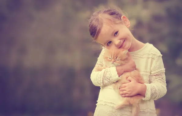 Smile, mood, girl, kitty, friends, ginger kitten