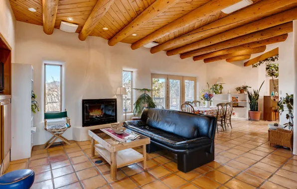 Eldorado, interior, fireplace, living room, dining room, New Mexico, Santa Fe, hasienda