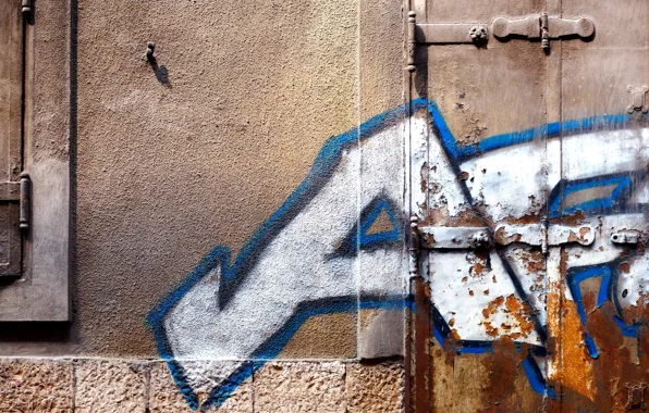 White, blue, pattern, window, door, paint spray, hinges, street art