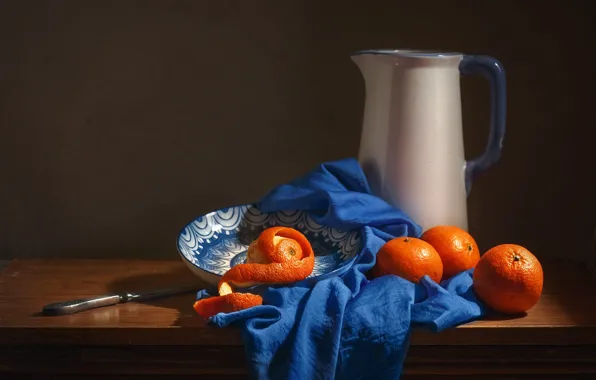 Table, oranges, knife, fabric, pitcher, still life, blue, saucer