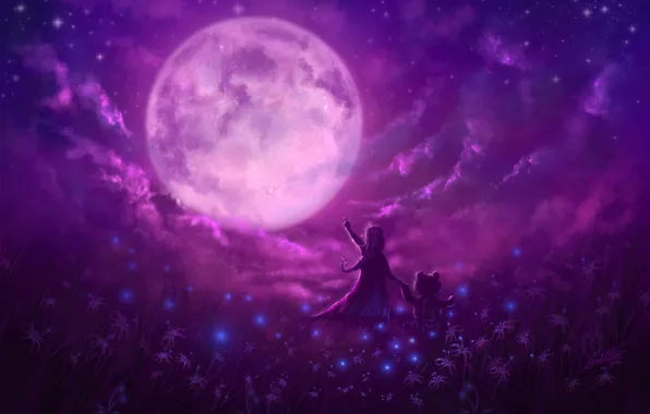 Picture stars, flowers, magic, the moon, glade, Night, bear, girl