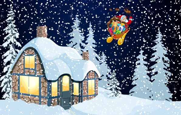 Winter, Minimalism, Night, Snow, House, Background, New year, Santa