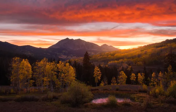Autumn, forest, sunset, mountains, the evening