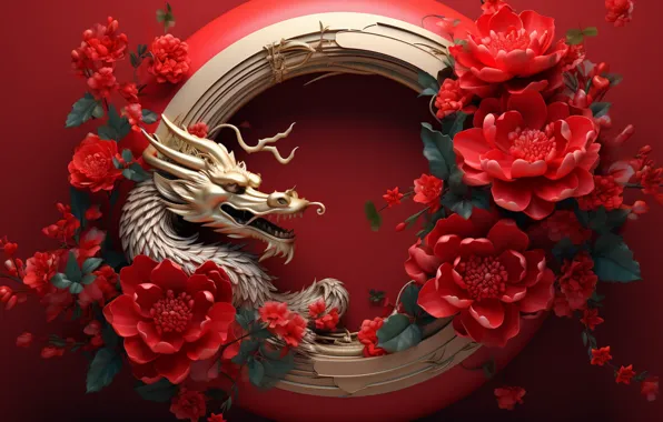 Flowers, dragon, round, Christmas, red, New year, gold, gold plated