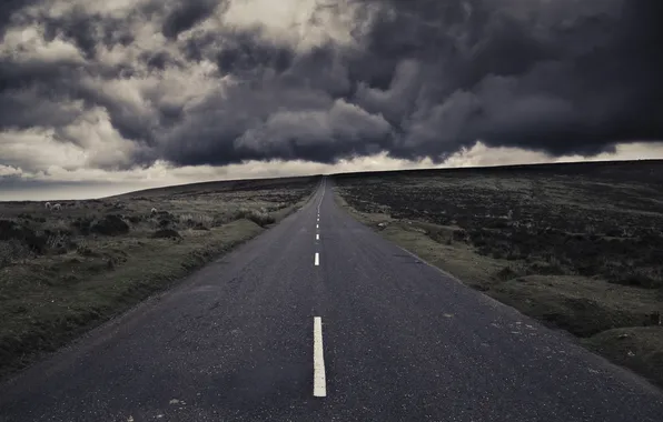 Road, clouds, clouds, storm, strip