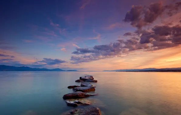 Picture the sky, water, clouds, sunset, stones