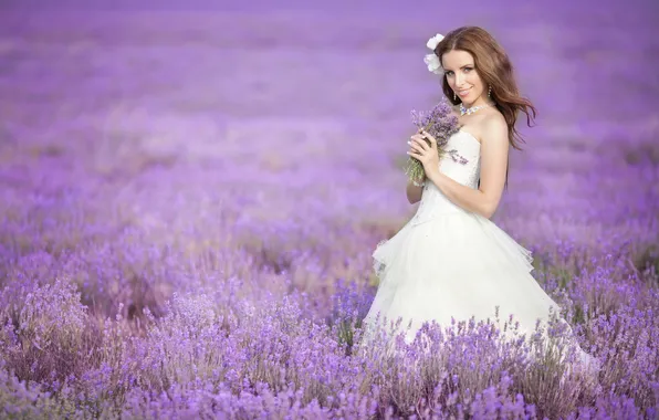 Picture look, girl, nature, smile, bouquet, the bride, lavender field