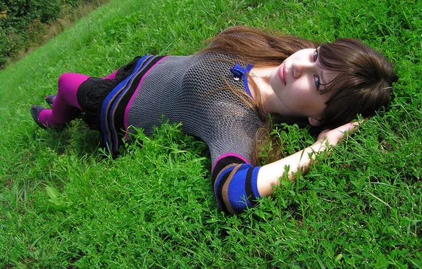 Picture LOOK, GRASS, DRESS, STOCKINGS, BROWN hair, GLADE, GREEN, PINK