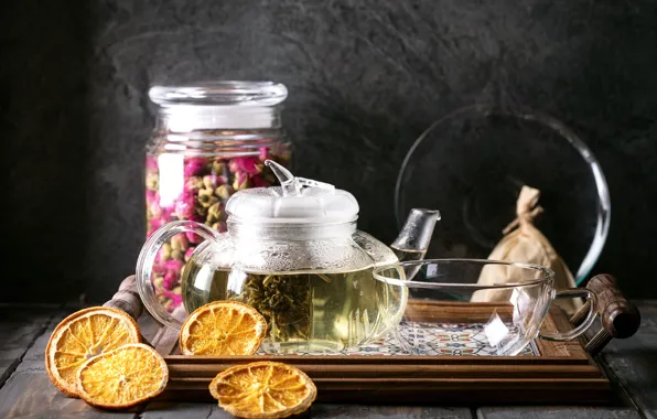 Green, tea, orange, kettle, tray, Roman Dbree