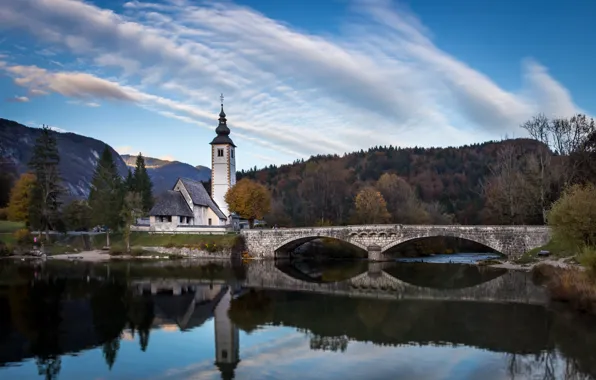 Autumn, landscape, mountains, nature, lake, reflection, Church, forest