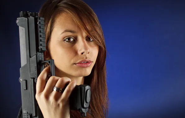 Look, girl, pose, gun, weapons, background, hand, brown hair