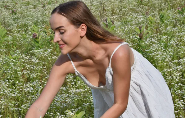 Dress, field, woman, young, smile, brown, flowers, model