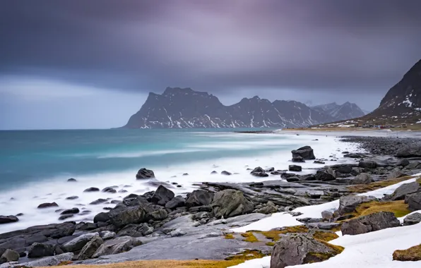 Sea, the sky, mountains, fog, stones, rocks, shore, haze