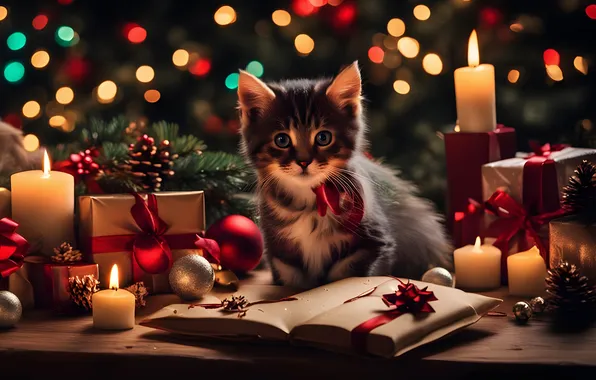 Animals, toys, new year, candles, kitty, bokeh, twigs Christmas trees, Author: Naarok0fKor